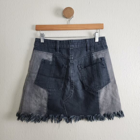 Free People Two-Tone Patchwork Distressed Denim Frayed Hem Fringe Skirt Small S - Picture 5 of 9